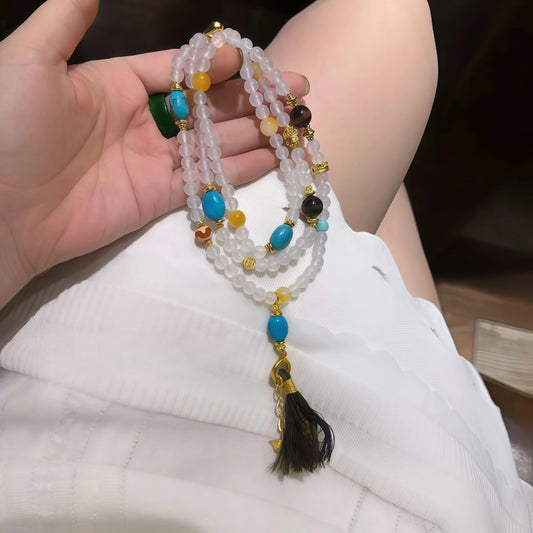 White Agate and Turquoise Fringe Pendant Multi-Gem Elastic Necklace Bracelet with Beads