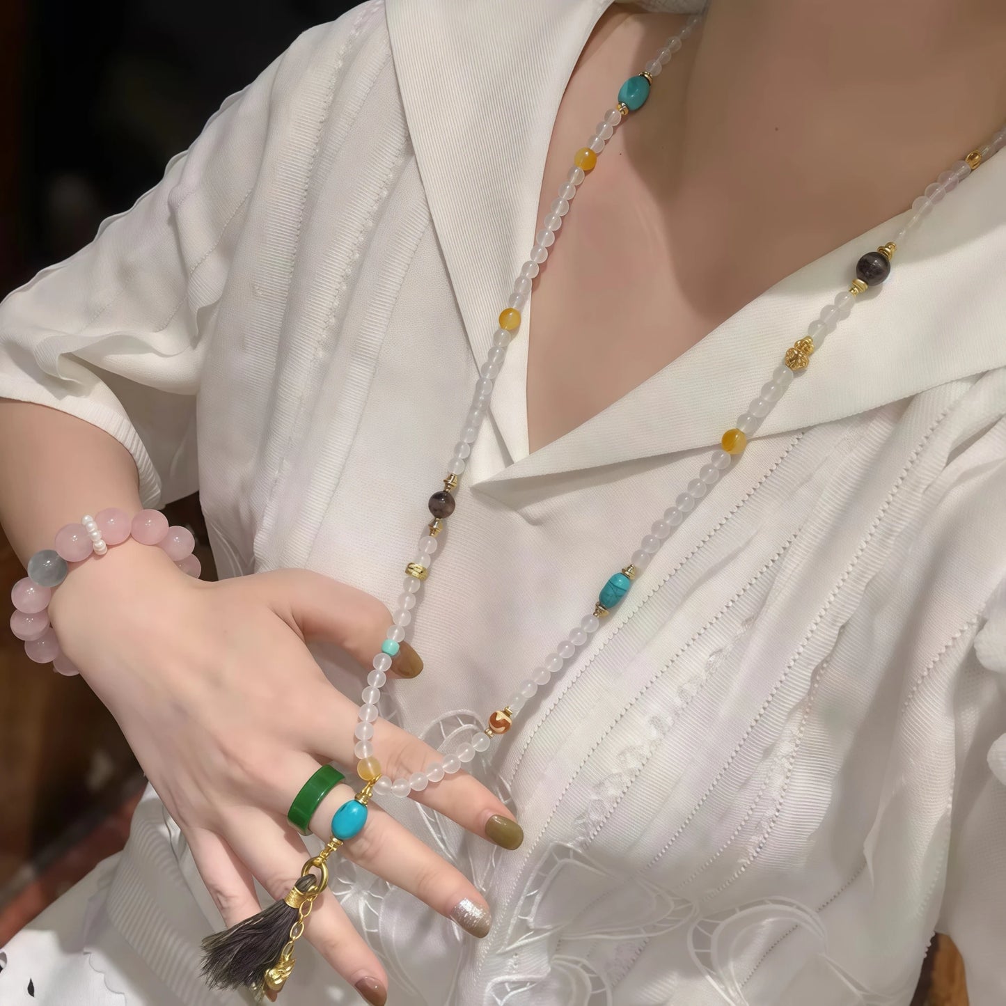 White Agate and Turquoise Fringe Pendant Multi-Gem Elastic Necklace Bracelet with Beads