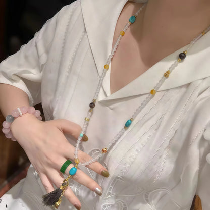 White Agate and Turquoise Fringe Pendant Multi-Gem Elastic Necklace Bracelet with Beads