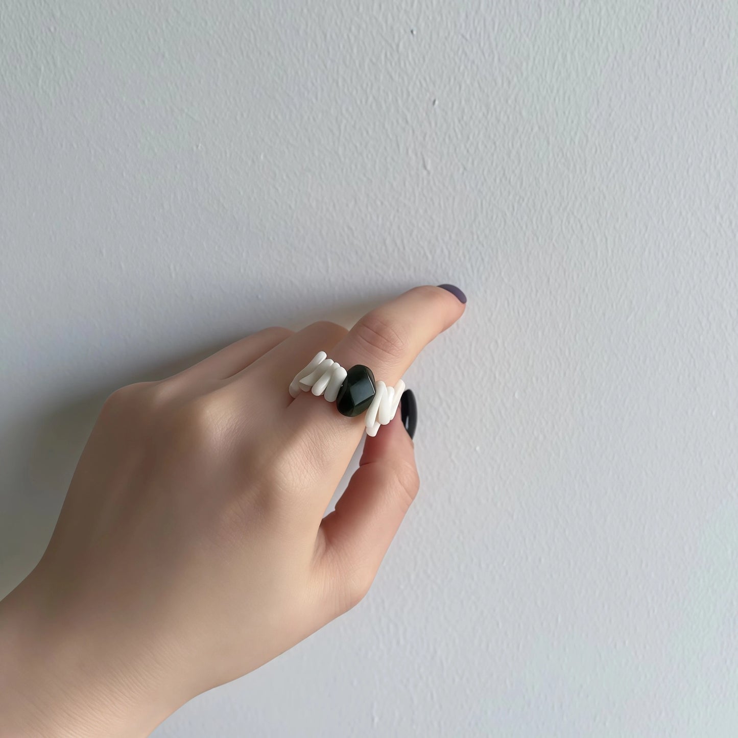 White Coral and Serpentine Stretchable Beaded Ring
