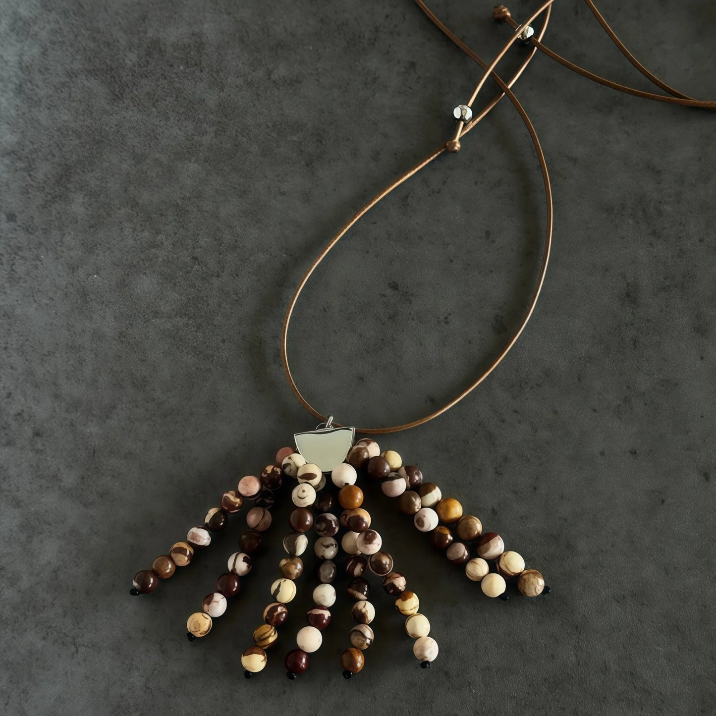 Wild Savanna - Zebra Stone Tassel Bead Drop Earrings & Leather Necklace Set - New Beginning & Change