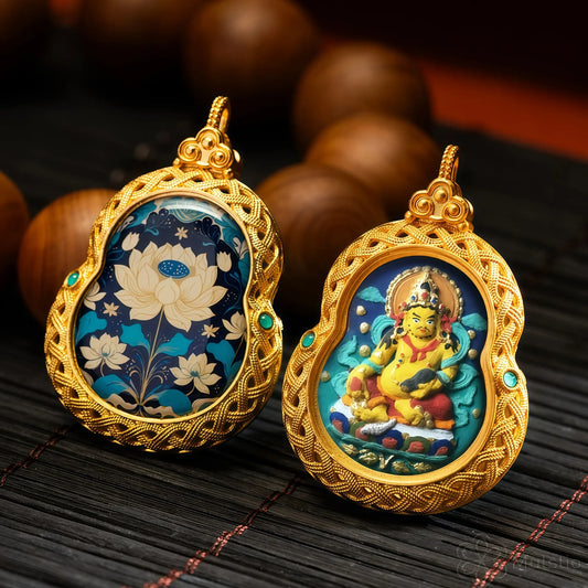 Yellow Jambhala Handmade Thangka Gahu Pendant - Wealth & Prosperity Talisman