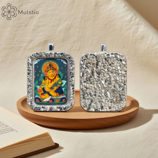 Yellow Jambhala Silver Handmade Thangka Pendant - Abundance Blessing Talisman