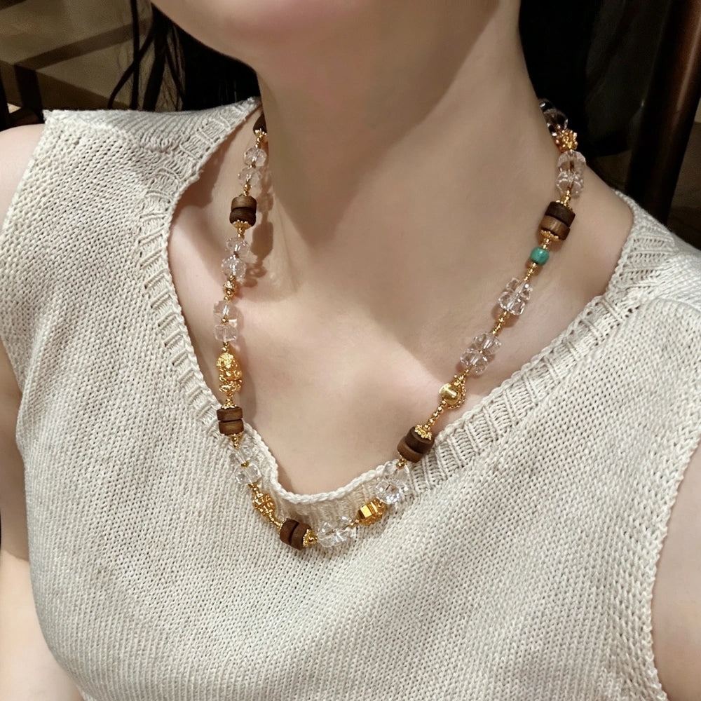 Modern Zen Wood and Clear Quartz Empowering Necklace Chinese Style Cloud Charm Mala Beads