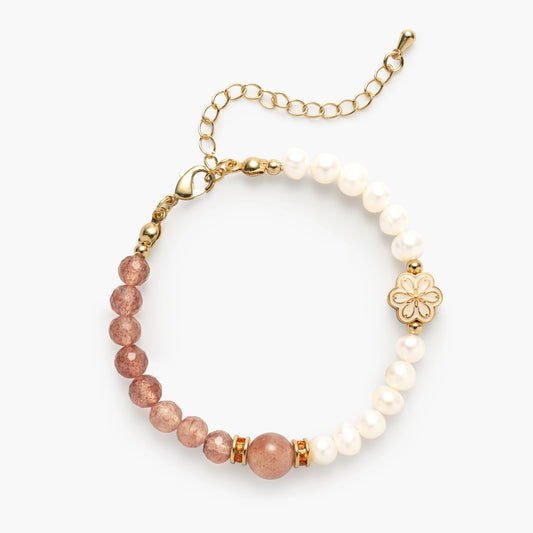 The October Birthstone Bracelet by Mulstio, a delightful blend of Pink Strawberry Quartz for a vibrant, joyful heart and Pearl for a calm, serene mind, creating a balanced upliftment.