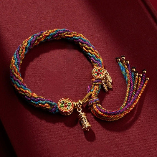 Colorful Cotton Handwoven Adjustable Bracelet with Six-Syllable Mantra, Dreamcatcher & Prayer Wheel – Wood/Metal Element for Calm, Protection & Energy Purification