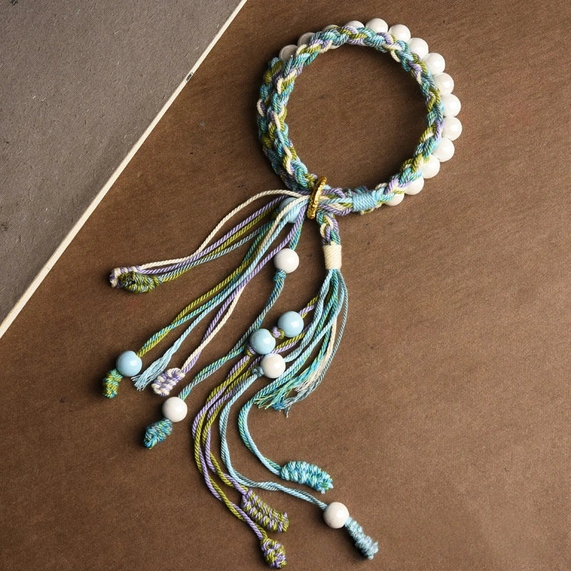 Tibetan Incense Ash Glass Double Tassel Handwoven Bracelet - 2 Color Options, Five Elements Balance, Protection & Purification