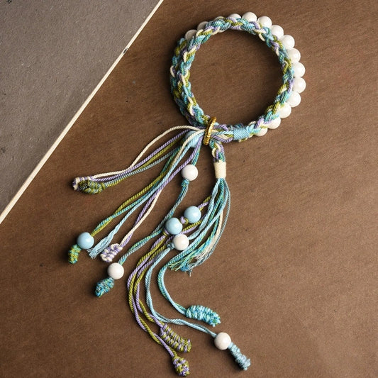 Tibetan Incense Ash Glass Double Tassel Handwoven Bracelet - 2 Color Options, Five Elements Balance, Protection & Purification