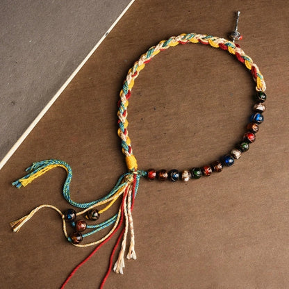 Tibetan Incense Ash Glass Double Tassel Handwoven Bracelet - 2 Color Options, Five Elements Balance, Protection & Purification